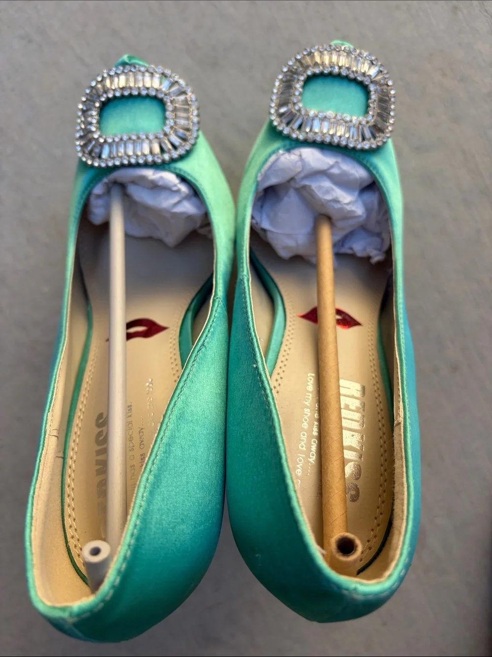 Women's Teal Satin Platform High Heels with Crystal Buckle